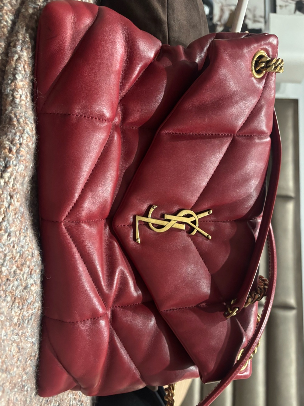 Saint Laurent Burgundy Quilted Leather Shoulder Bag with Gold YSL Logo